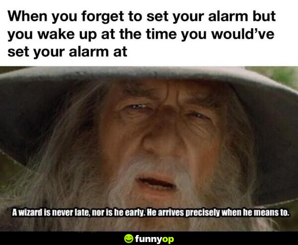 When you forget to set your alarm, but you wake up at the time you would've set your alarm at: A wizard is never late, nor is he early. He arrives precisely when he means to.