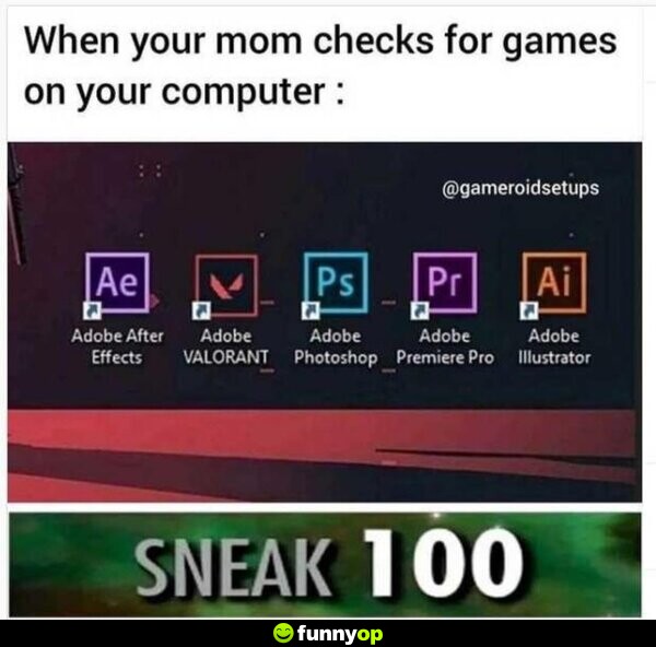 When your mom checks for games on your computer: Adobe After Effects, Adobe VALORANT, Adobe Photoshop, Adobe Premiere Pro, Adobe Illustrator- Sneak 100