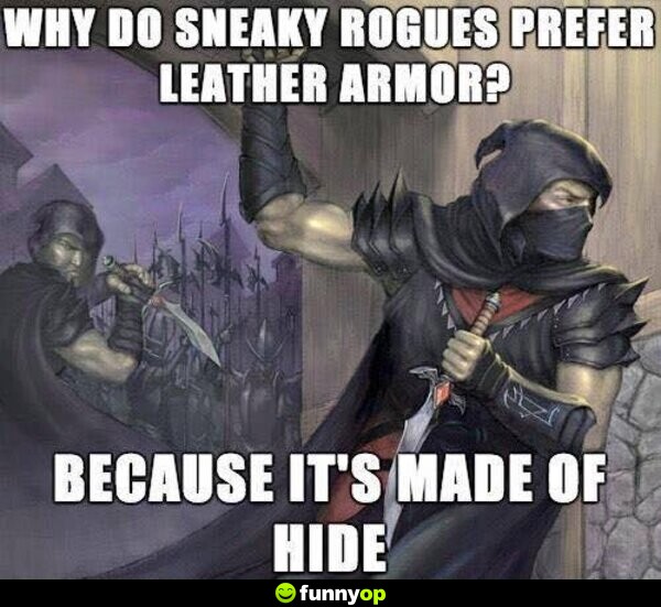 Why do sneaky rogues prefer leather armor? Becaue it's made of hide.