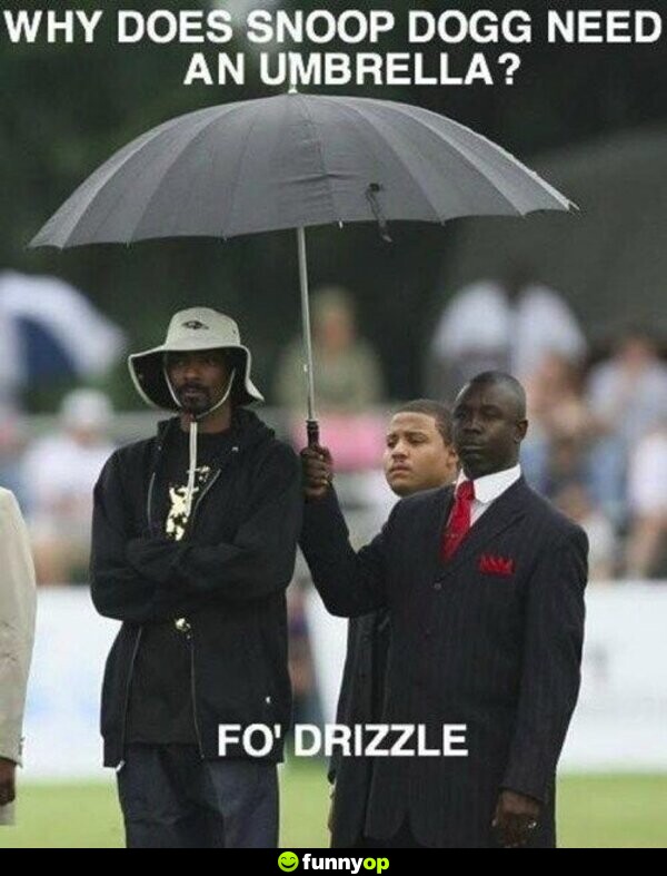 Why does snoop dogg need an umbrella? Fo' drizzle.