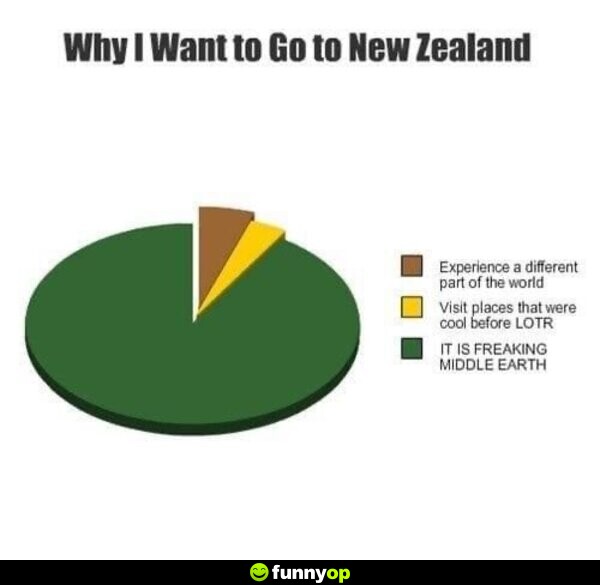 Why I want to go to New Zealand: Experience a different part of the world. Visit places that were cool before LOTR It IS FREAKING MIDDLE EARTH.